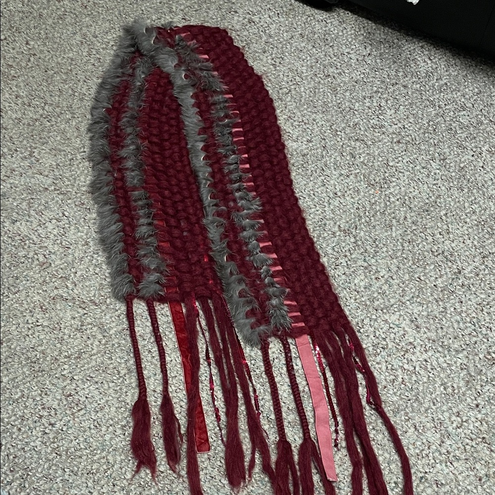 Real fur with Burgundy wool and velvet ribbon adorned Scarf
